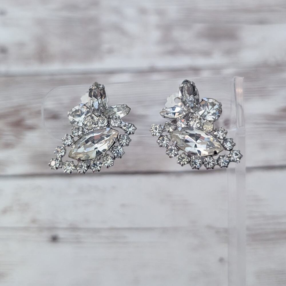 Vintage Clip On Earrings Statement Clear Gems 1"